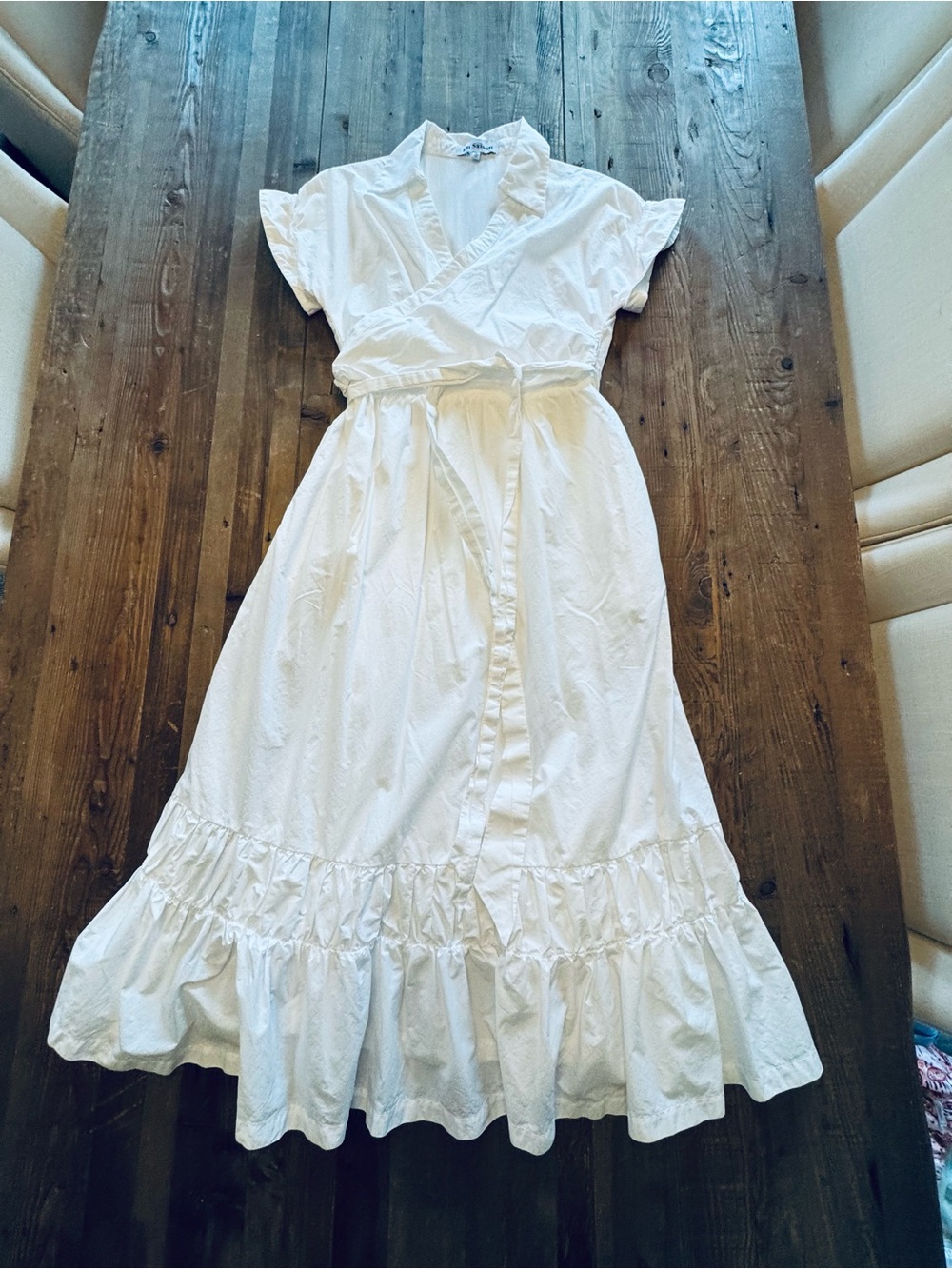 White Ruffle-Trim Midi Wrap Dress with Pockets - Classic Women's Summer Dress